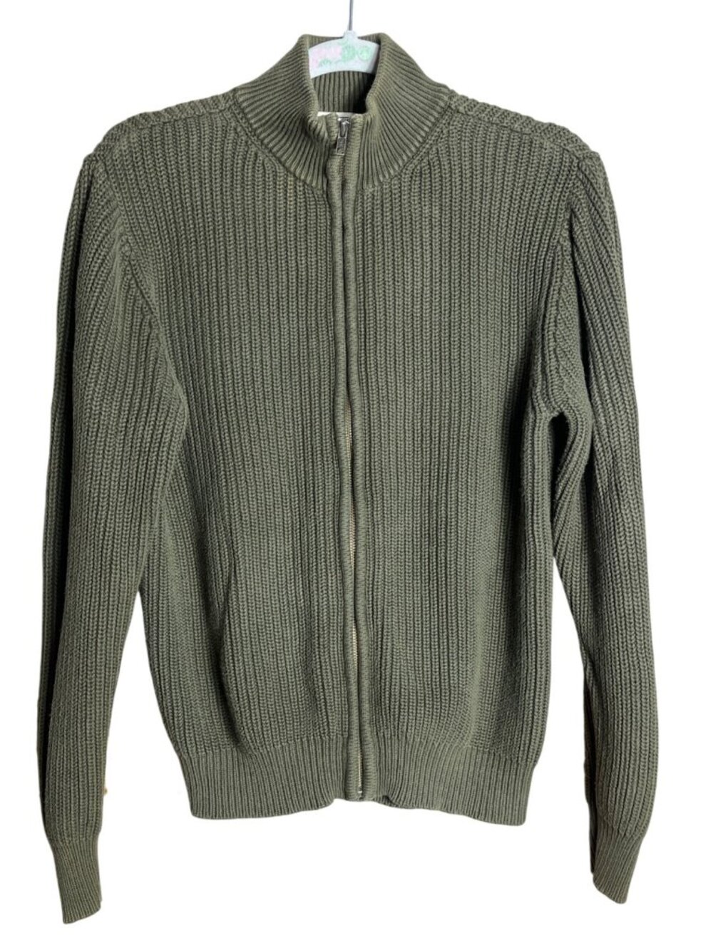 Mens S L.L. Bean Olive Green Zip Cardigan Chunky Cotton Preppy Layering Academia